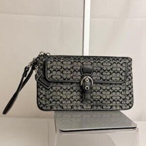 Coach Signature Black & Grey Wristlet Clutch – Buckle Front, Silver Hardware